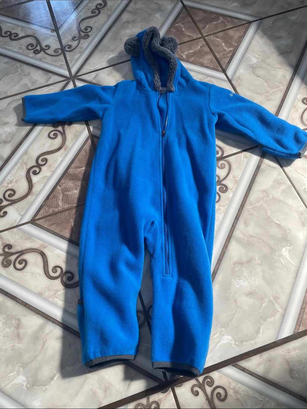 Kids Blue Fleece Hooded One-Piece Jumpsuit